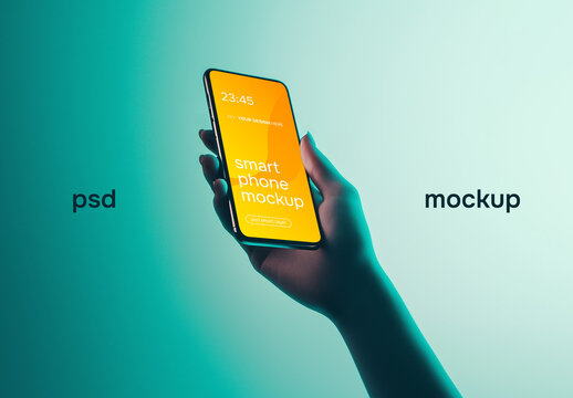 Woman holding a smartphone on green background