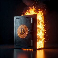 Bitcoin im Safe und es brennt. Abbildung eines brennenden Bitcoin-Kryptowährungssymbols