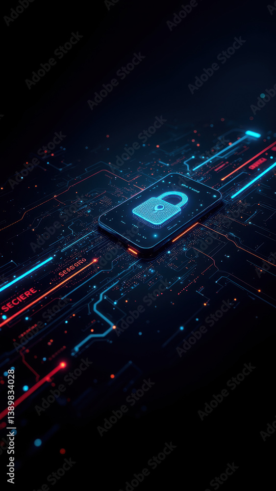 Poster a digital artwork depicting a chip with a lock symbol surrounded by blue and red circuitry, emphasiz