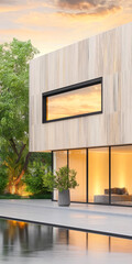 Fototapeta premium Modern residence showcases sleek architecture and vibrant sunset reflections