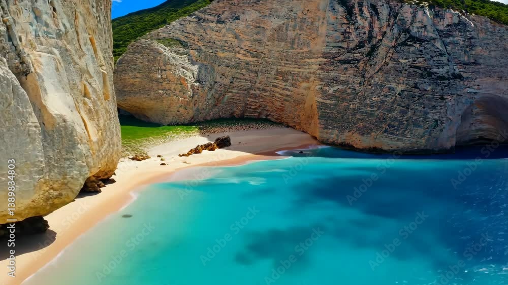 Poster Serene coastal view of turquoise waters and towering cliffs during a sunny day in a remote beach location