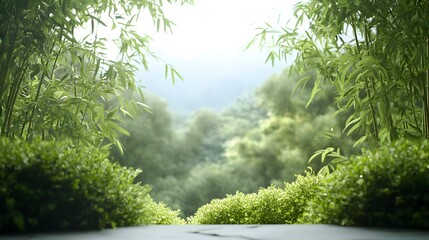Fototapeta premium Serene Bamboo Garden Landscape Tranquil Nature Scene with Lush Greenery and Soft Sunlight