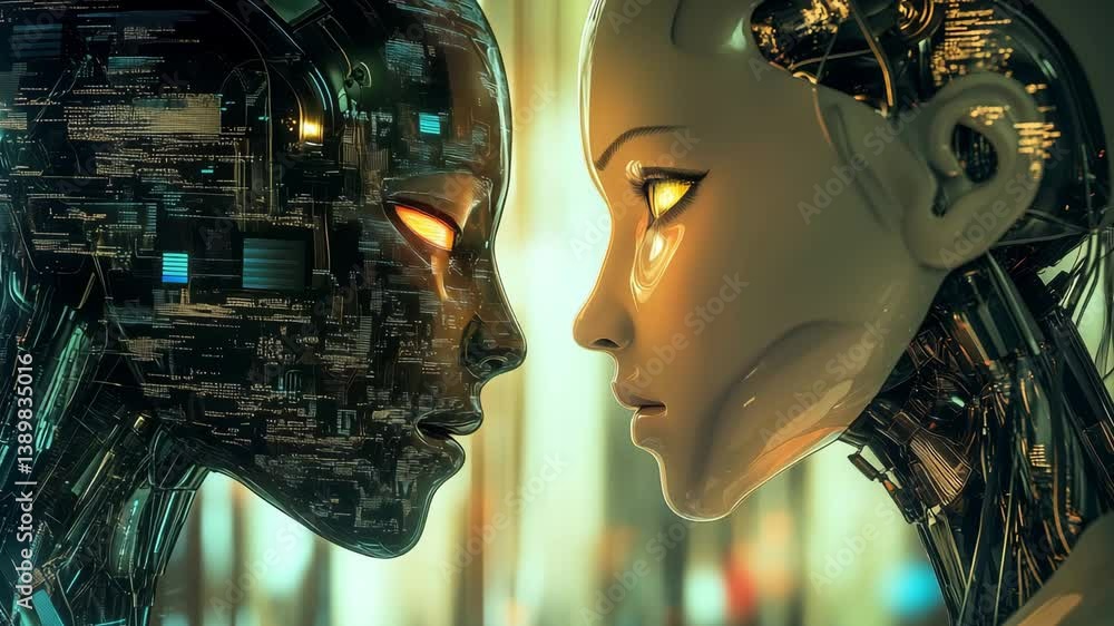 Poster two humanoid robots engage in a focused interaction, illustrating the fusion of technology and human