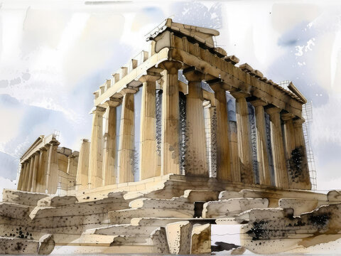 A colorful watercolor depiction of a athens parfenon  , showcasing a blend of architectural beauty and artistic expression.
