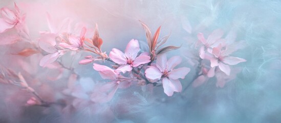 Fototapeta premium Delicate pink blossoms, softly blurred, evoke serenity in a misty spring scene
