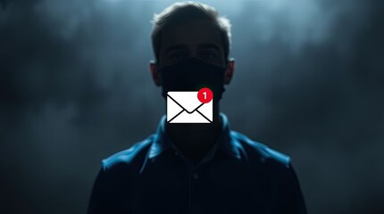 A person wearing a mask has a notification over their mouth