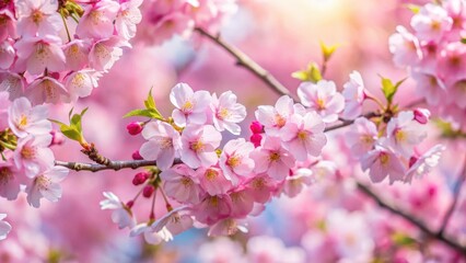 Obraz premium Soft pink sakura flowers are in full bloom on a spring morning, their delicate petals swaying gently in the breeze , cherry blossoms, flower garden