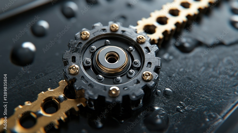 Poster close-up view of intricate gears and chain mechanism. complex interconnecting components, showcasing