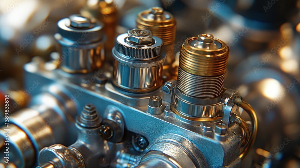 Poster close-up view of intricate engine components. precision-engineered metal parts with intricate detail