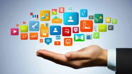 Hand Holding Colorful App Icons, Digital World in Your Hands, Technology Concept