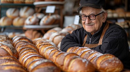 An elderly baker beams proudly amidst rows of freshly baked bread, reflecting joy and dedication to his craft
