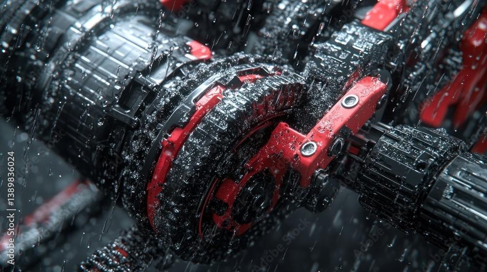 Poster close-up view of intricate mechanical components, wet with rain, featuring complex gear mechanisms a