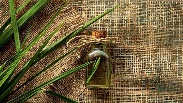 vetiver essential oil on a burlap background top view