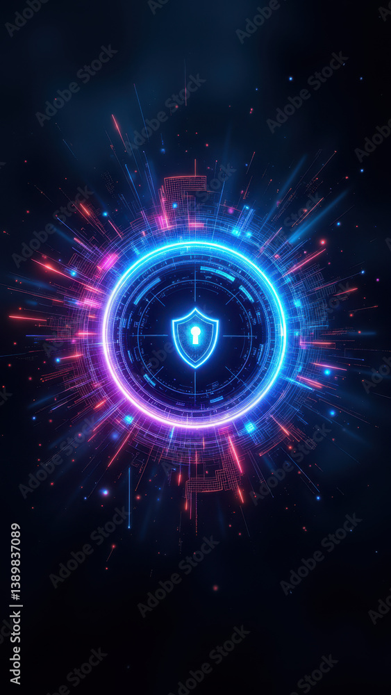 Poster a digital illustration representing advanced cyber security with a glowing shield symbol amidst vibr