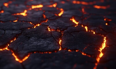 Molten lava flows through cracked earth; fiery background, volcanic texture