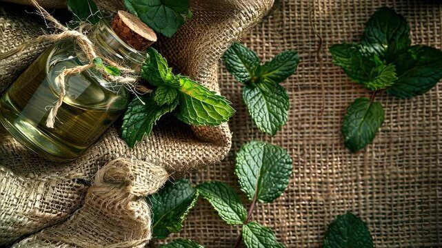 essential oil of mint on the background of burlap top view