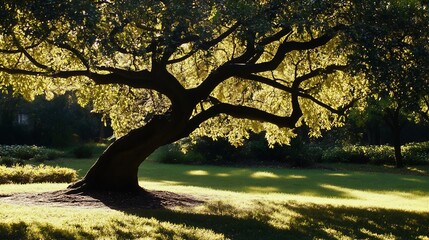 Majestic Oak Tree in Golden Sunlight: A Serene Landscape Painting