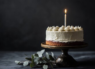 A minimalist photograph of an elegant birthday cake with white frosting and a single candle, placed on top of a vintage stand against a dark gray background
