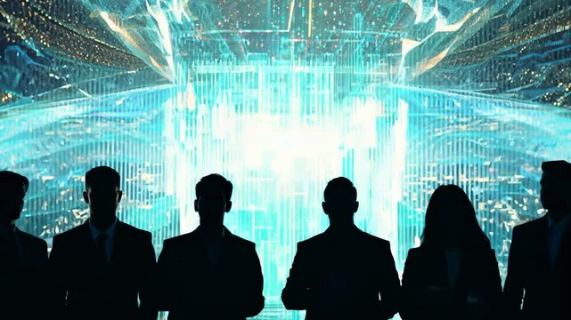 Futuristic business team observing advanced digital network interface in neon glow.