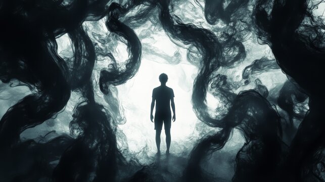 Illustration of a solitary person amidst swirling mist and dramatic shadow patterns reflecting inner emotional turmoil