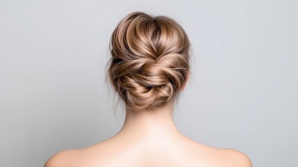 Fototapeta premium Elegant updo hairstyle. A sophisticated, voluminous updo styled on a woman with light blonde hair, featuring intricate twists and a high bun