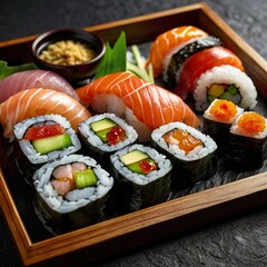 Assorted sushi platter with chopsticks ginger soy sauce wasabi arranged on stone black background in wooden box