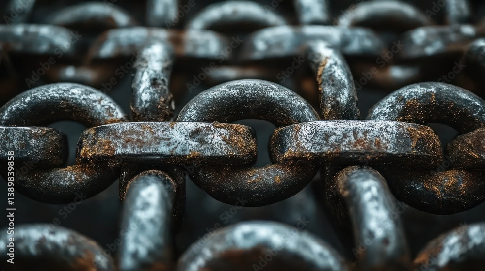 Poster close-up view of weathered metal chain links. a network of rusty, interconnected links creating a te