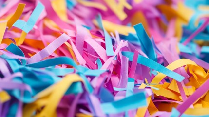 Fototapeta premium Vibrant and Colorful Arrangement of Scattered Paper Shreds Creating A Dynamic Abstract Background