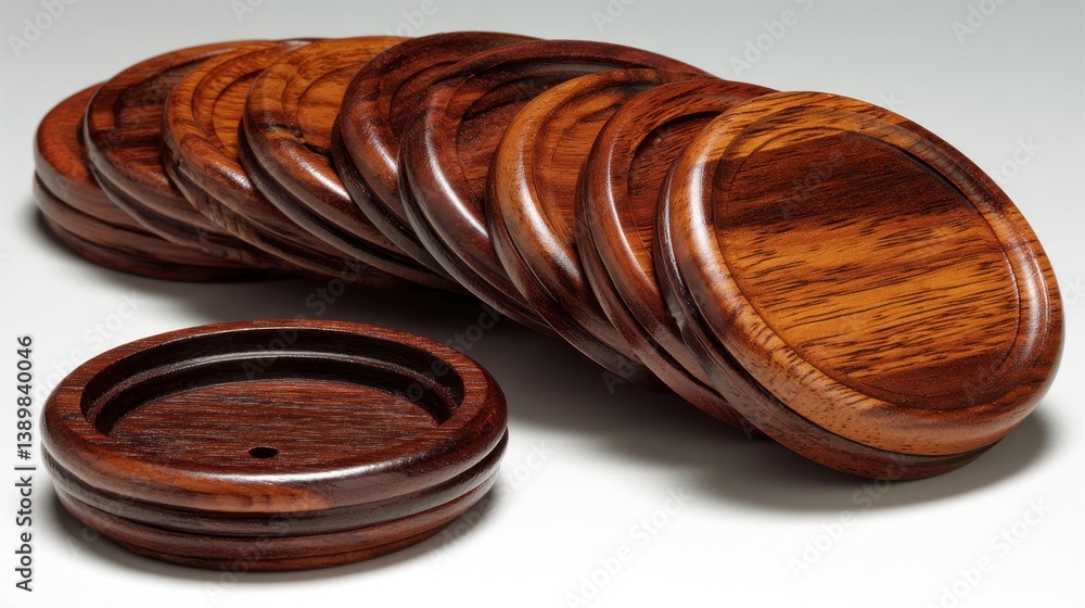 Poster a stack of dark brown wooden coasters with intricate grain patterns, one slightly separated and show