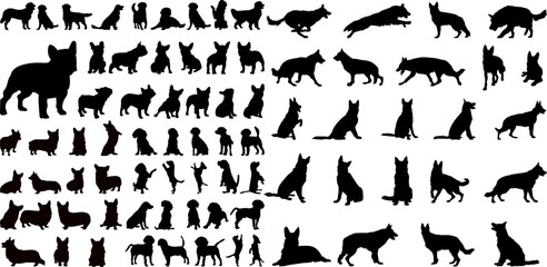 set of silhouettes of dogs of different breeds in different angles, vector