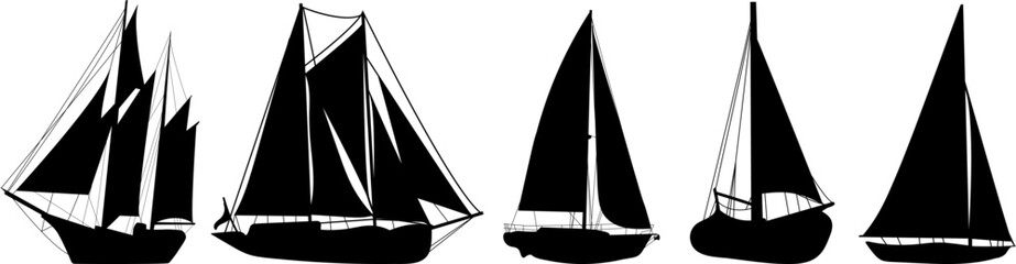 set of silhouette ships with sails, vector