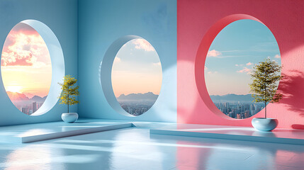 A clean 3D abstract layout of floating geometric primitives in pastel tones, soft shadows and white space design 