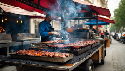 Delicious Barbecue Meats Cooking On A Grill At Outdoor Food Market Stall