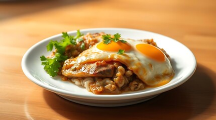 Hearty Breakfast or Brunch Plate with Fried Eggs, Stewed Meat, and Beans