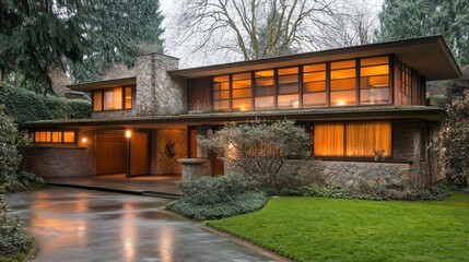 Fototapeta premium A modern home featuring stone facade with bright interior windows