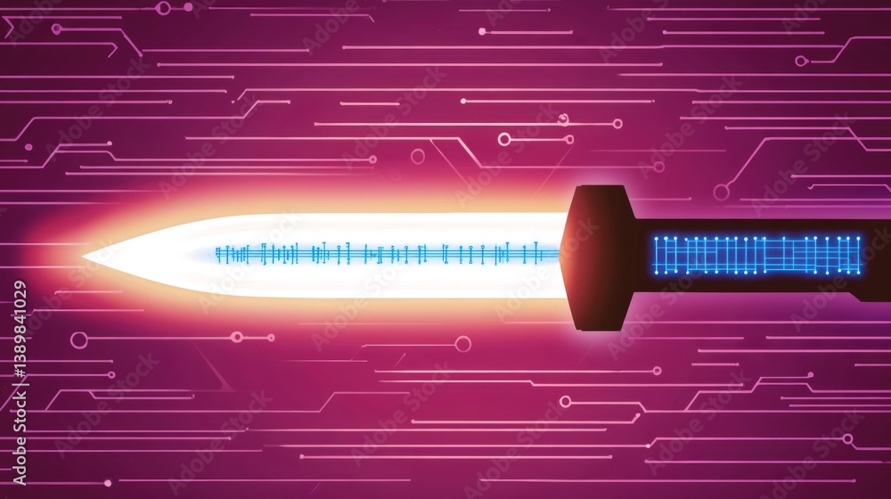 Poster futuristic sword design with neon glow and digital circuit background for sci-fi and technology them