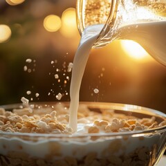 Milk Pouring into Cereal Bowl