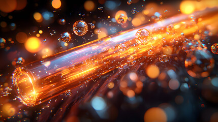 A dynamic 3D explosion of glossy tubes, spheres and liquid splashes on a dark matte background, with glowing reflections 