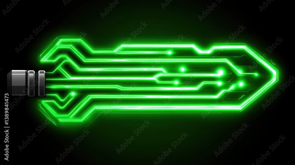 Poster futuristic neon green sword design with circuit patterns and glowing effects on a dark background