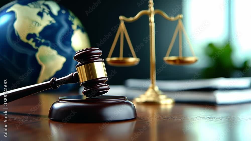Poster justice system represented by gavel and scales in an international setting with a globe