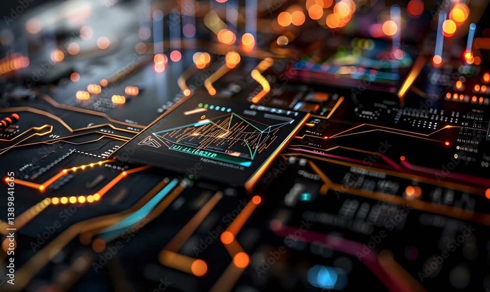 Poster glowing circuit board paths with colorful led lights and electronic components in macro photography,