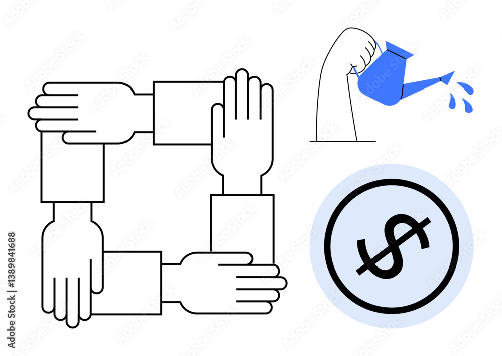 Aufkleber linked hands forming a square symbolize unity and collaboration. a watering can pouring water convey