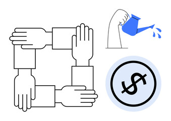 Linked hands forming a square symbolize unity and collaboration. A watering can pouring water conveys growth, while a dollar sign highlights financial success. Ideal for teamwork, growth, investment