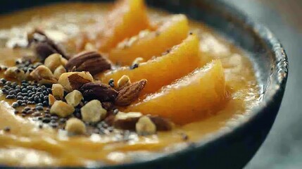Delicious bowl of creamy smoothie topped with fresh fruit and nuts in a modern kitchen