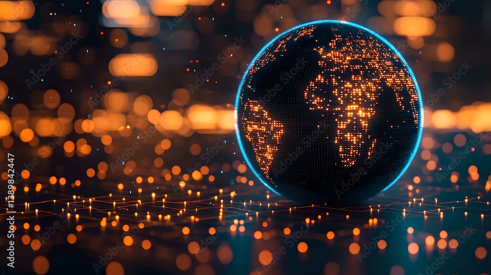 Aufkleber glowing digital earth globe with illuminated city lights floating against dark background with orang