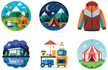 Fototapeta premium Camping Bundle. Nighttime Lit Circus Tent Collection Stickers