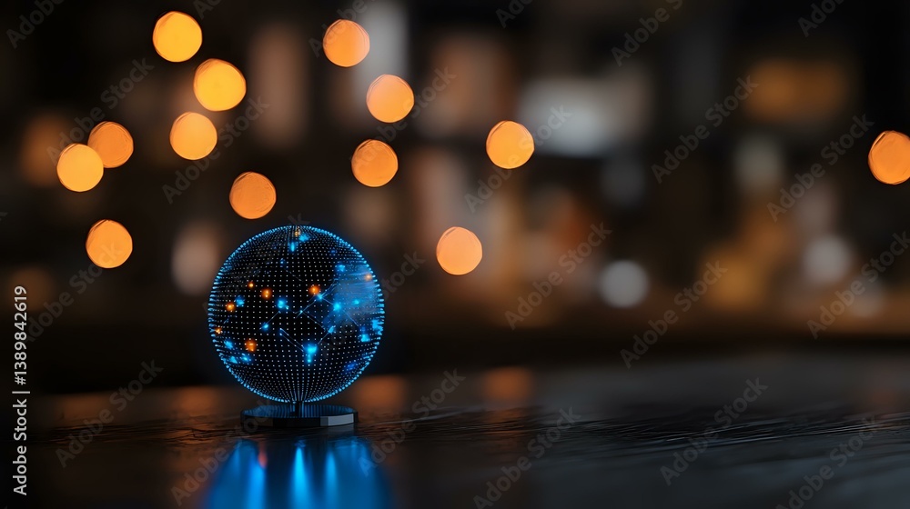 Poster glowing blue glass sphere with constellation pattern reflecting on dark surface against blurred warm