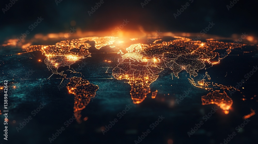 Poster digital map of the world with illuminated connections and networks