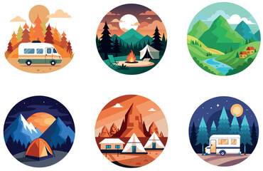 Fototapeta premium Camping Bundle. White Caravan Tropical Escape Collection Stickers