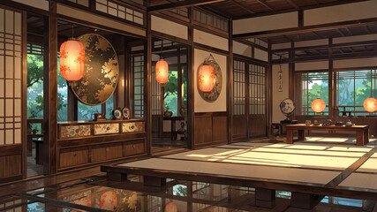 Set in ancient japanese time. anime art. Traditional mirror shop with polished bronze mirrors on tatami